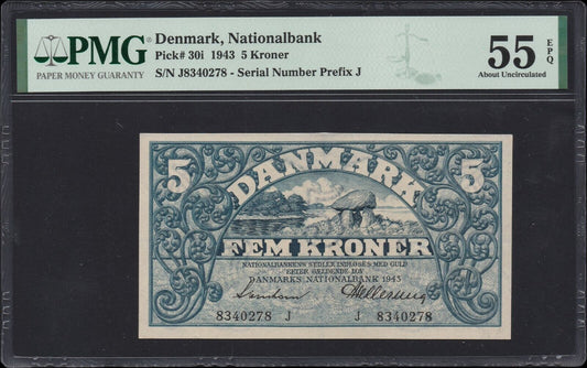 DANEMARK - DENMARK - 5 Kroner 1943 P.30i PMG AU 55 EPQ / SPL