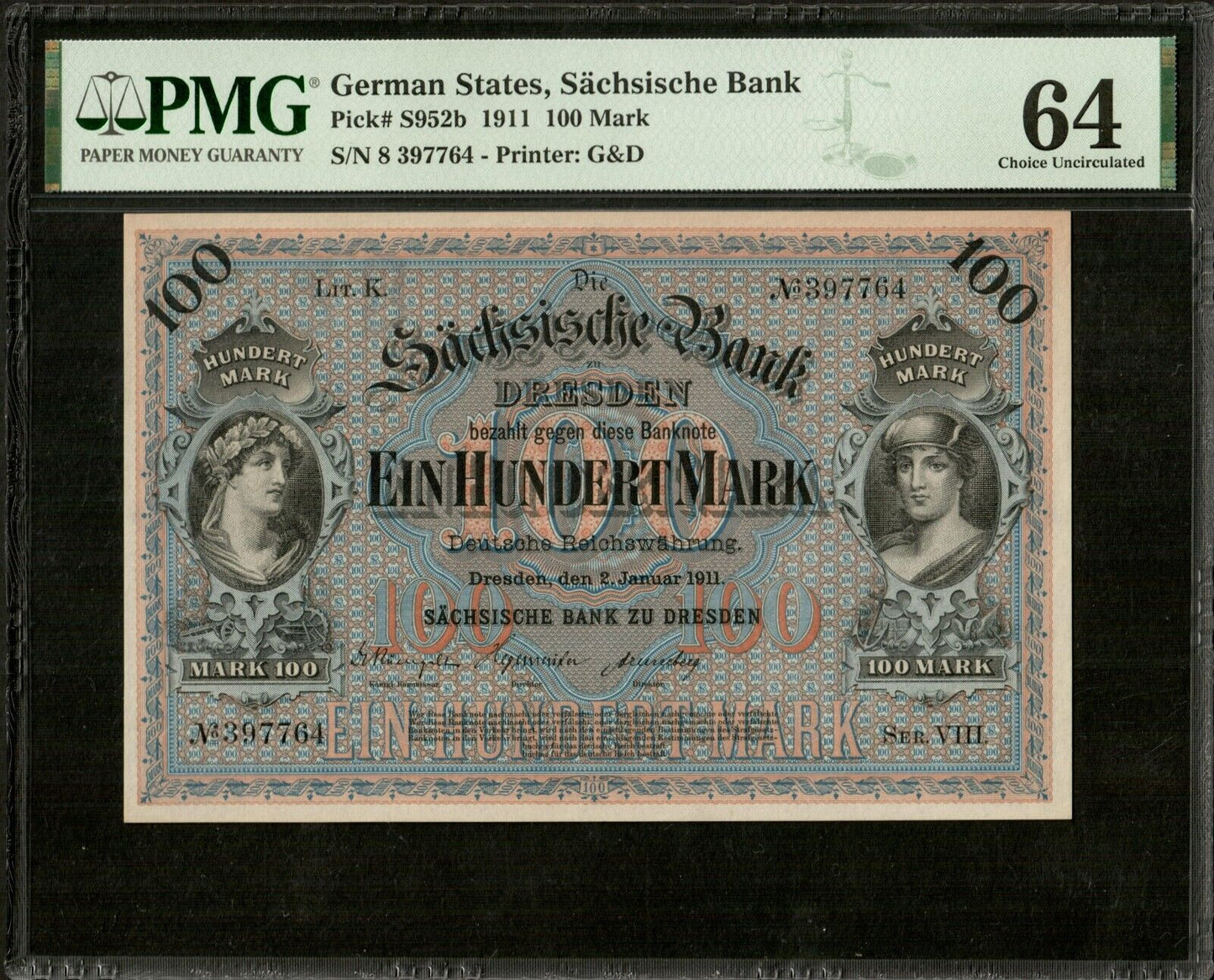 ALLEMAGNE - GERMANY, Sachsen, 100 Mark 1911 P.S952b NEUF / PMG Choice Unc 64