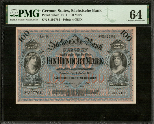 ALLEMAGNE - GERMANY, Sachsen, 100 Mark 1911 P.S952b NEUF / PMG Choice Unc 64