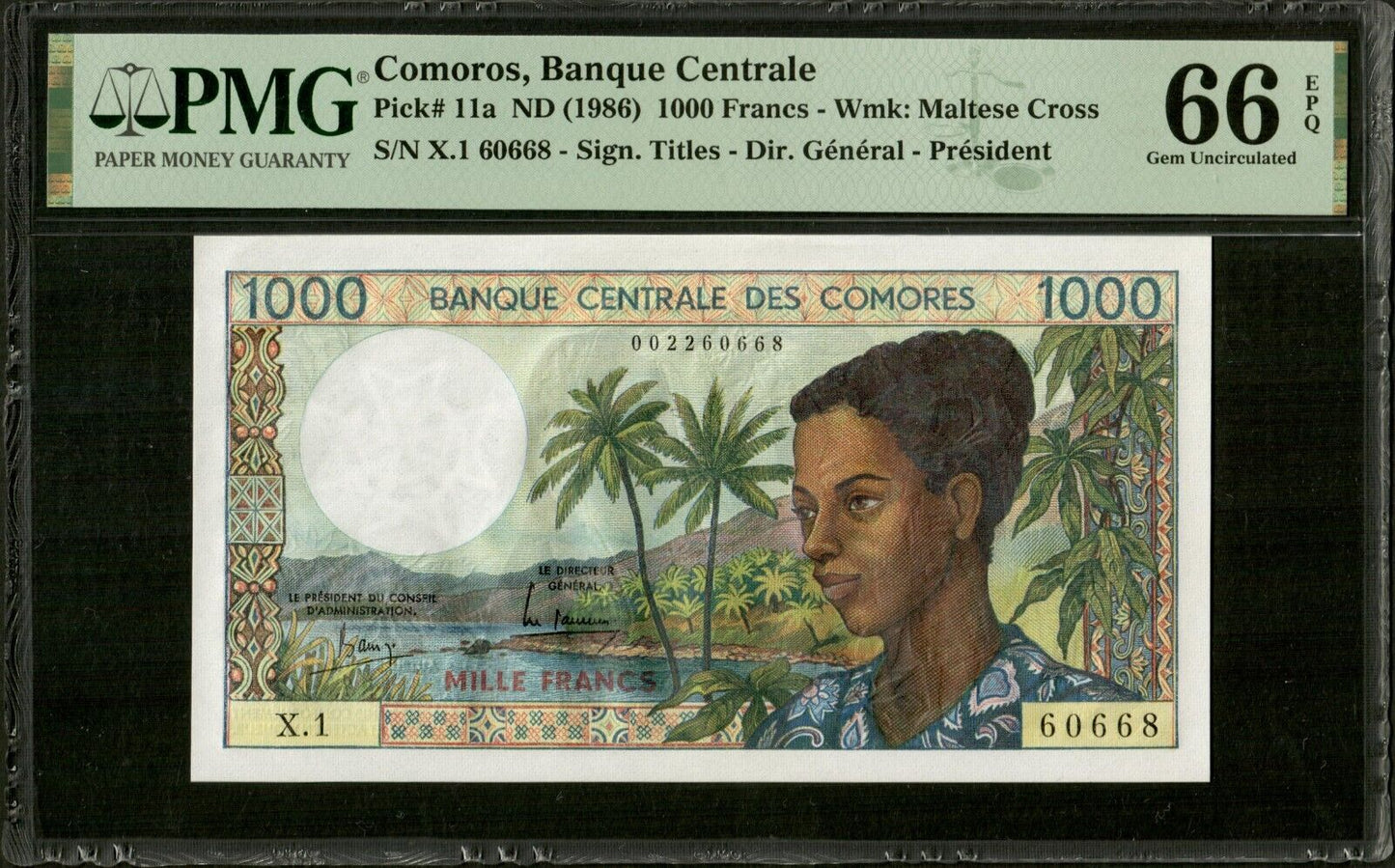 COMORES - COMOROS - 1000 Francs (1984) P.11a NEUF / PMG Gem Unc 66 EPQ