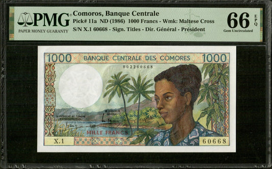 COMORES - COMOROS - 1000 Francs (1984) P.11a NEUF / PMG Gem Unc 66 EPQ