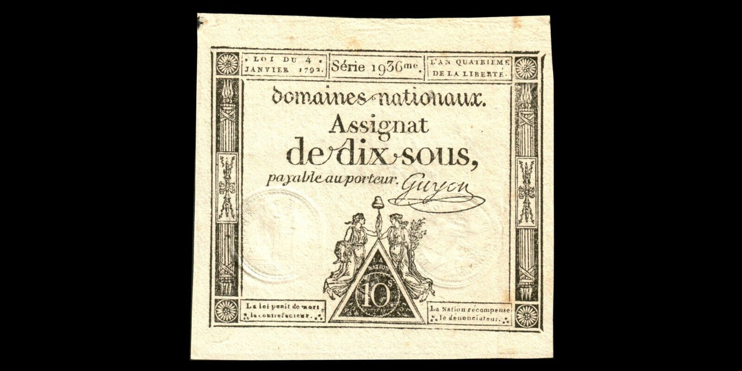 FRANCE - Assignat, 10 Sous 4 janvier 1792 Ass.23a, P.A53 Série 1936 SUP+ / XF+