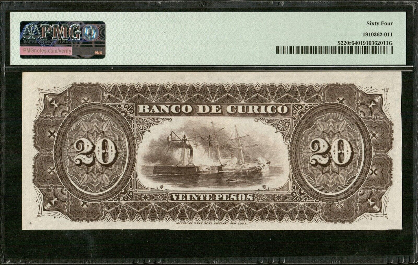 CHILE - El Banco de Curico, 20 Pesos Remainder (1882) P.S220r PMG 64 Choice UNC