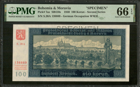 BOHEMIA AND MORAVIA - 100 Korun Specimen 1940 P.7as NEUF / PMG Gem Unc 66 EPQ