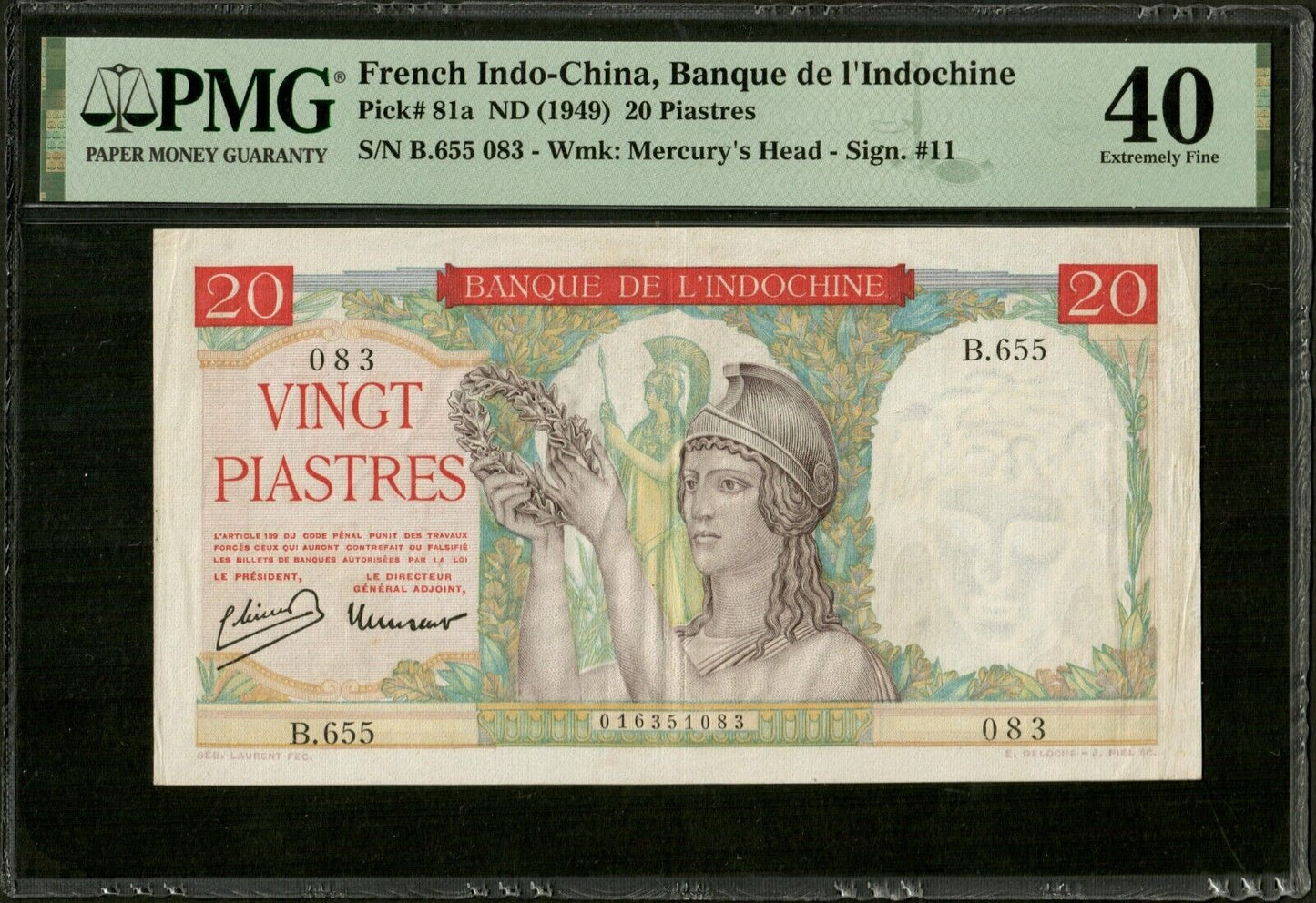 INDOCHINE - FRENCH INDOCHINA - 20 Piastres (1949) P.81a PMG Extremely Fine 40