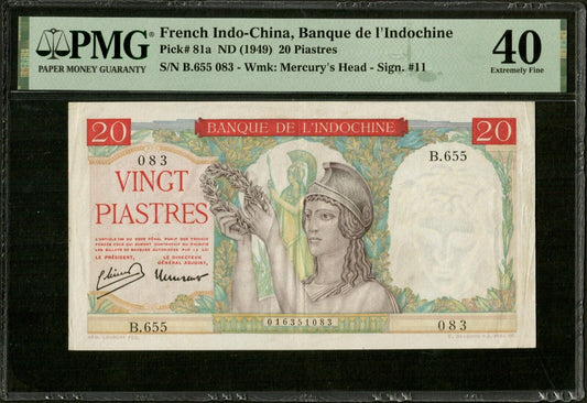 INDOCHINE - FRENCH INDOCHINA - 20 Piastres (1949) P.81a PMG Extremely Fine 40