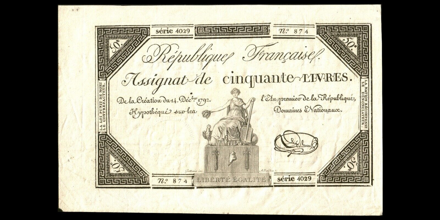 FRANCE - Assignat, 50 Livres 1792 Ass.39a, P.A72 Sign. Le Brun TTB+ / VF+