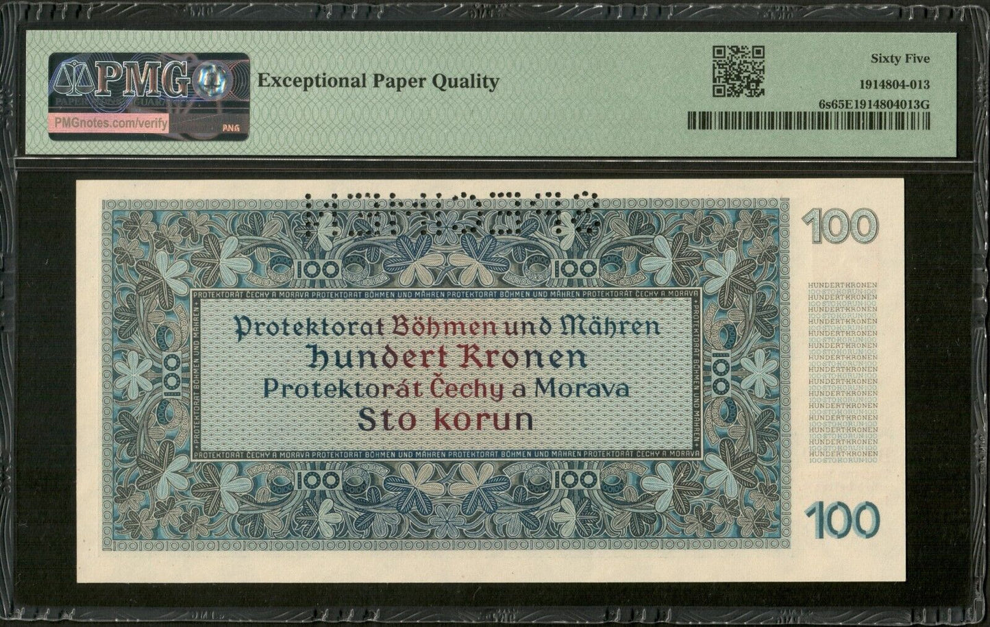 BOHEMIA AND MORAVIA - 100 Korun Specimen 1940 P.6s NEUF / PMG Gem Unc 65 EPQ