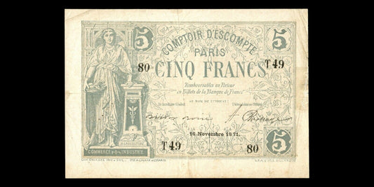 FRANCE - Nécessité, 5 Francs Paris 1871 JER.75.03A TB / Fine