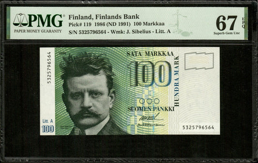 FINLAND - 100 Markkaa 1986 pre-Euro P.119 NEUF / PMG Superb Gem Unc 67 EPQ