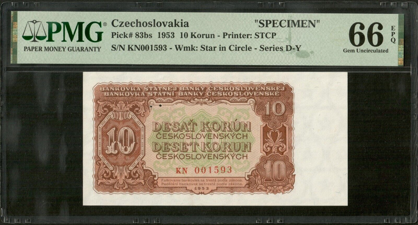 CZECHOSLOVAKIA - 10 Korun Specimen 1953 P.83bs NEUF / PMG Gem Unc 66 EPQ