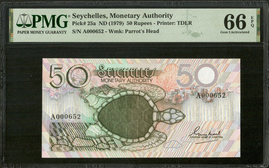 SEYCHELLES - 	50 Rupees (1979) P.25a Low Number NEUF / PMG Gem Unc 66 EPQ