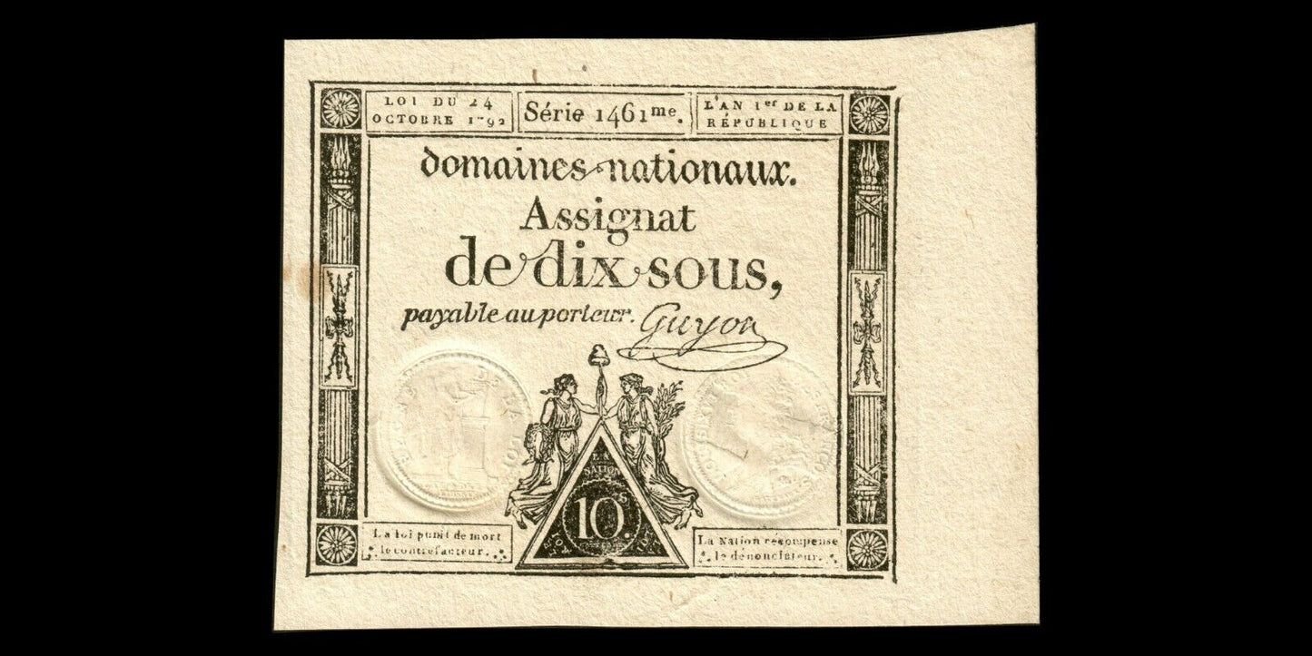 FRANCE - Assignat, 10 Sous 24 octobre 1792 Ass.34a, P.A64a Série 1461 pr.NEUF