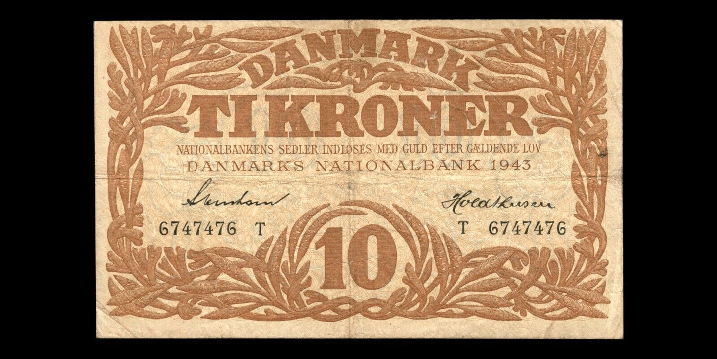 DANEMARK - DENMARK - 10 Kroner 1943 P.31n, Sieg 105 radar number 6747476 TB / F