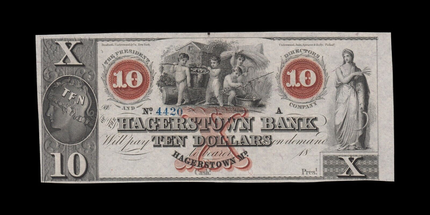 USA - Obsolete, Hagerstown Bank - 10 Dollars $10 (1850-60's) Remainder UNC