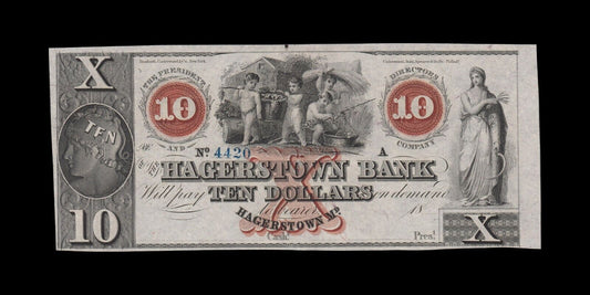 USA - Obsolete, Hagerstown Bank - 10 Dollars $10 (1850-60's) Remainder UNC