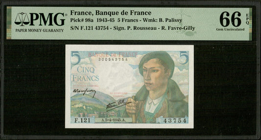 FRANCE - 5 Francs Berger 1945 F.05.06, P.98a NEUF / PMG Gem Unc 66 EPQ