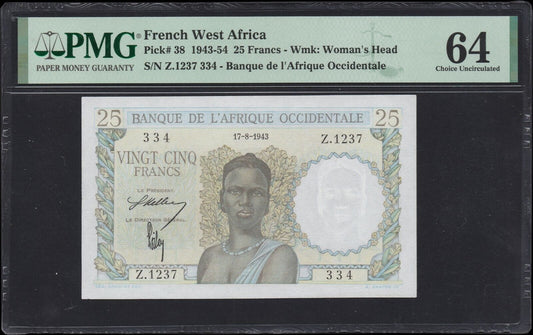 AFRIQUE OCCIDENTALE FRANÇAISE - FRENCH WEST AFRICA - 25 Francs 1943 P.38 PMG 64