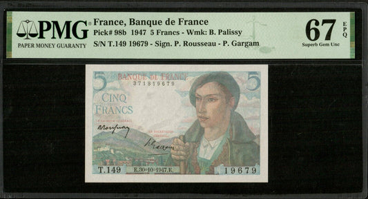 FRANCE - 5 Francs Berger 1947 F.05.07 P.98b NEUF / PMG Superb Gem Unc 67 EPQ