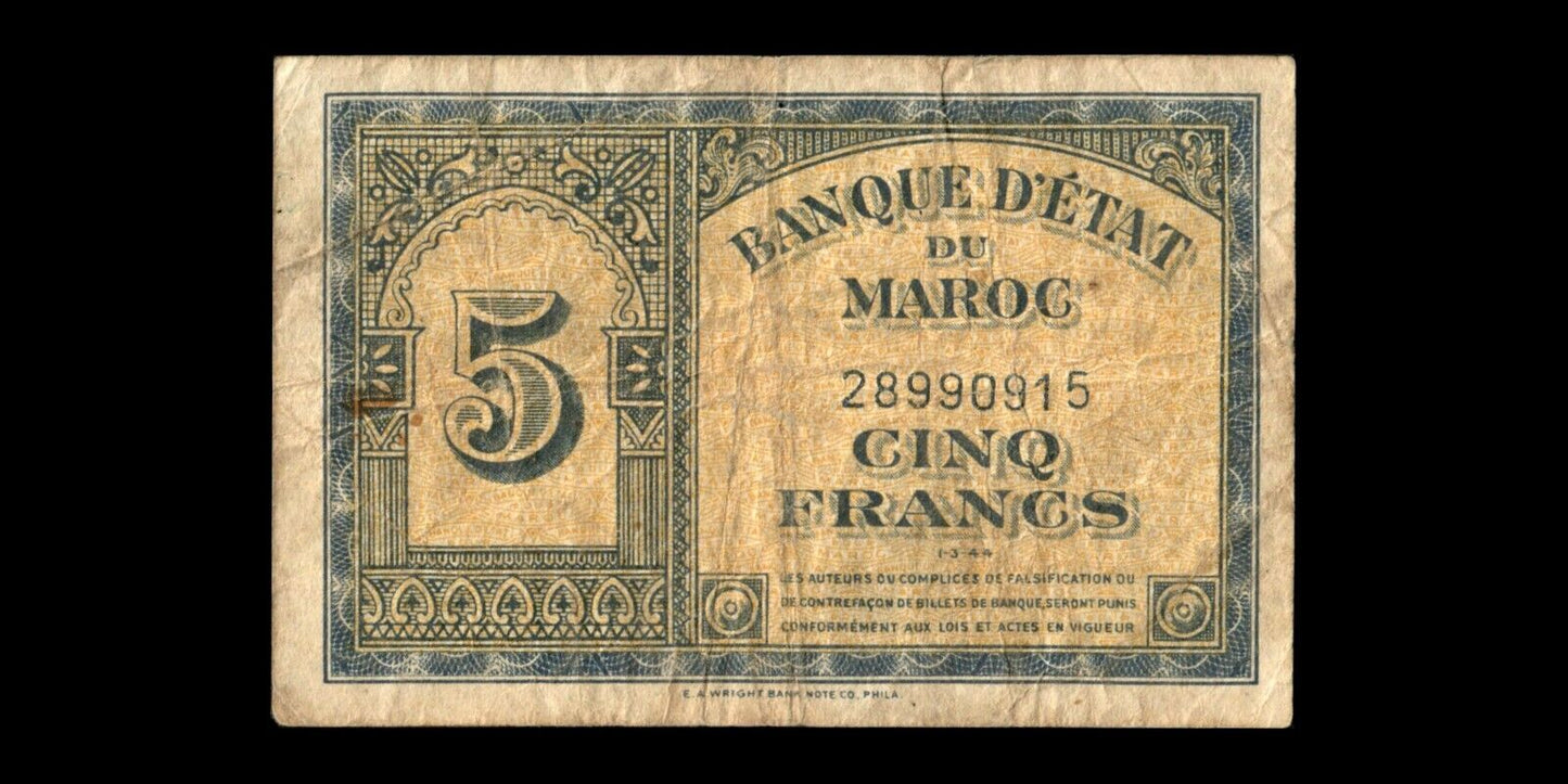 MAROC - MOROCCO - 5 Francs 1944 P.24 B / Good