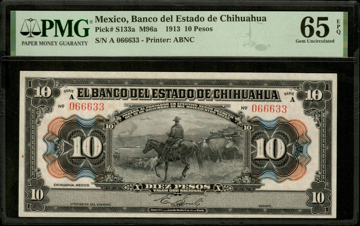 MEXICO - 10 Pesos (1913) A 066633, Chihuahua, P.S133a NEUF / PMG Gem Unc 65 EPQ