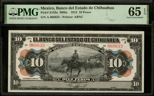 MEXICO - 10 Pesos (1913) A 066633, Chihuahua, P.S133a NEUF / PMG Gem Unc 65 EPQ