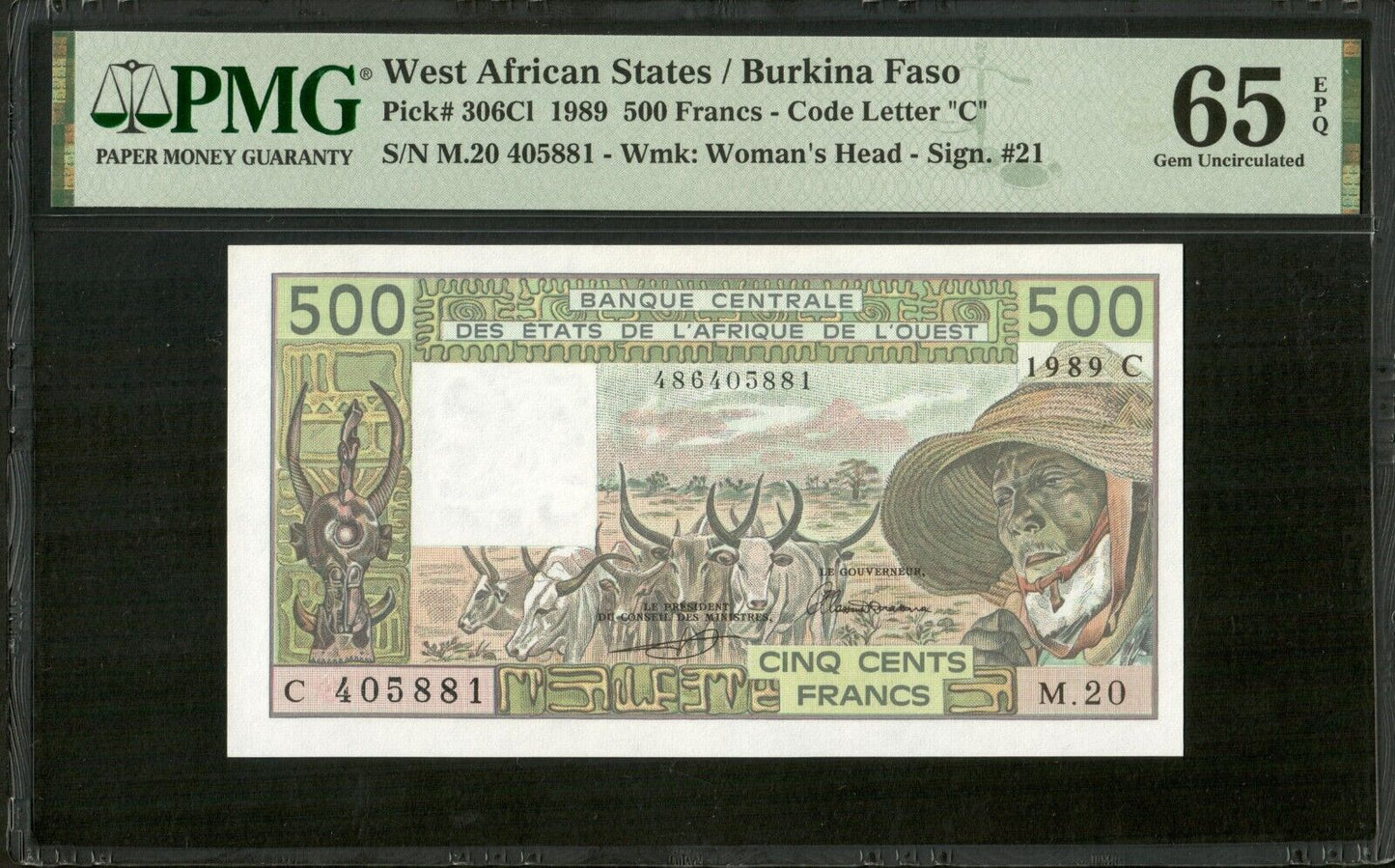 WEST AFRICAN STATES - BURKINA FASO - 500 Francs 1989 P.306Cl PMG 65EPQ Top Pop !