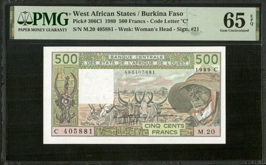 WEST AFRICAN STATES - BURKINA FASO - 500 Francs 1989 P.306Cl PMG 65EPQ Top Pop !