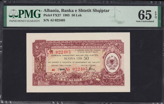 ALBANIE - ALBANIA - 50 Buona Lek 1965 P.FX27 PMG Gem Uncirculated 65 EPQ / NEUF