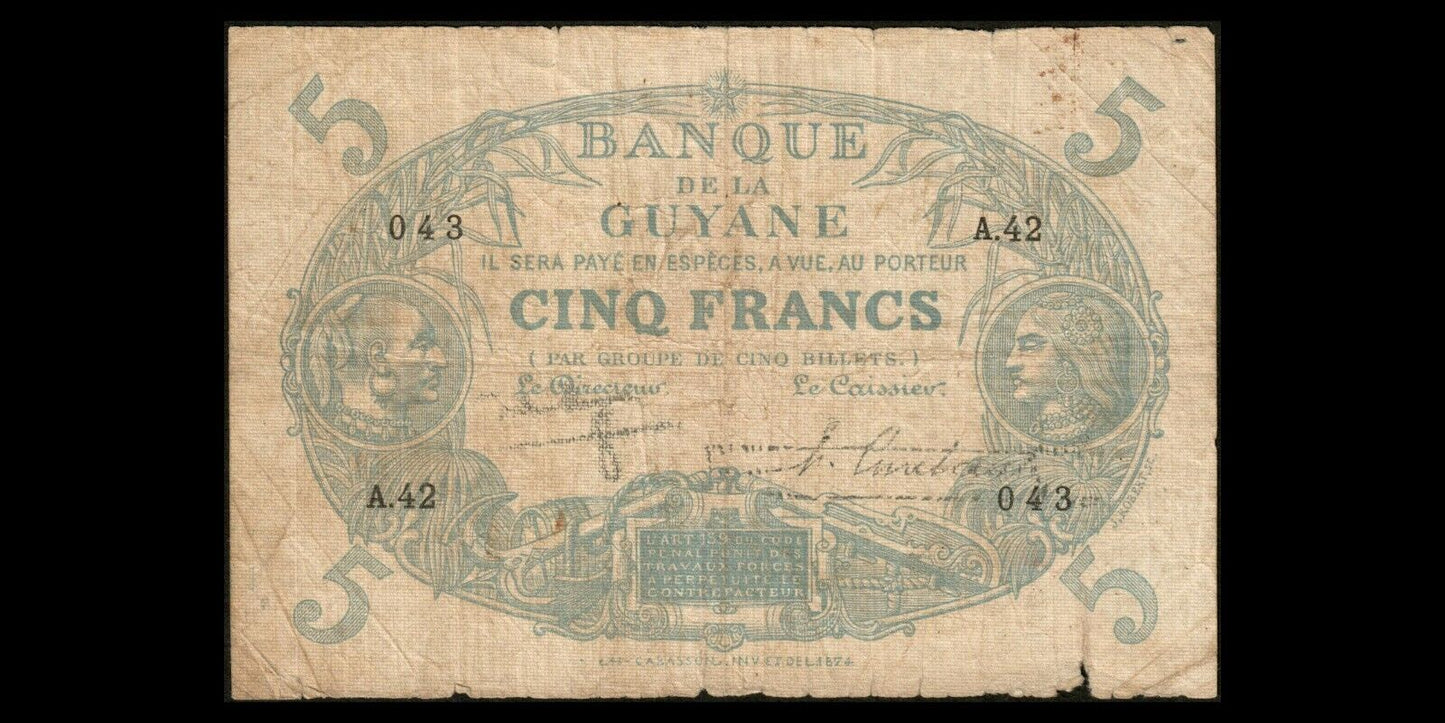 GUYANE - FRENCH GUIANA - 5 Francs (1944) P.1d B+ / Good+