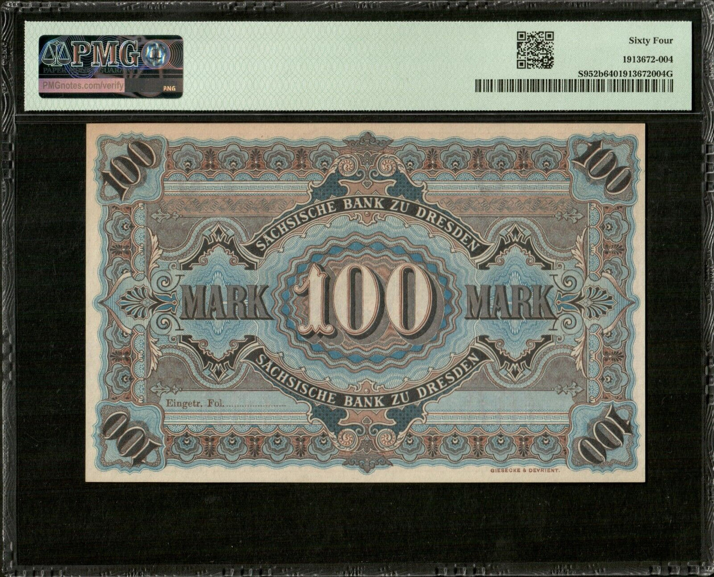 ALLEMAGNE - GERMANY, Sachsen, 100 Mark 1911 P.S952b NEUF / PMG Choice Unc 64