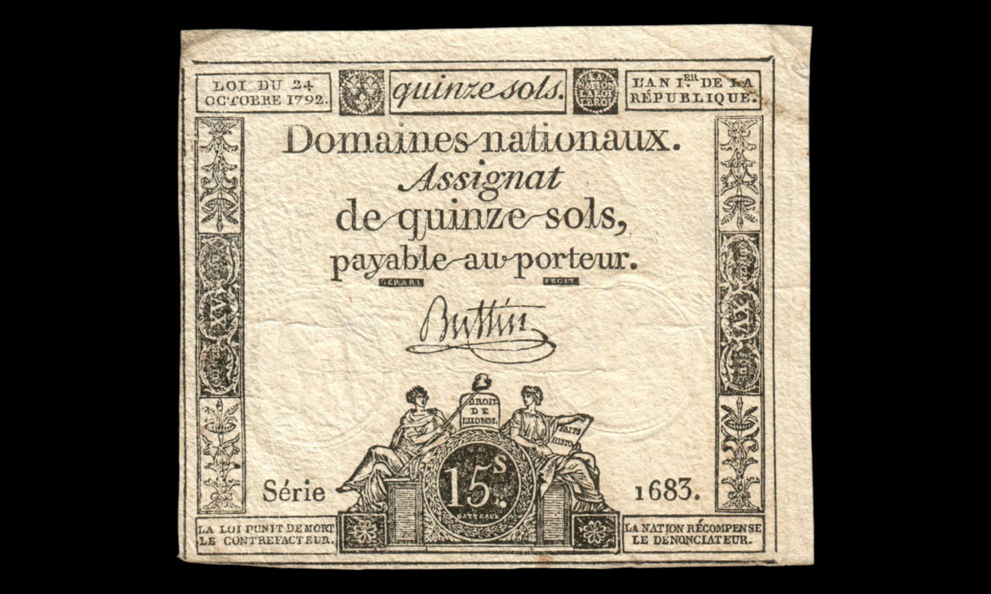 FRANCE - Assignat, 15 Sols 24 Octobre 1792 Ass.35a, P.A65 TB / Fine
