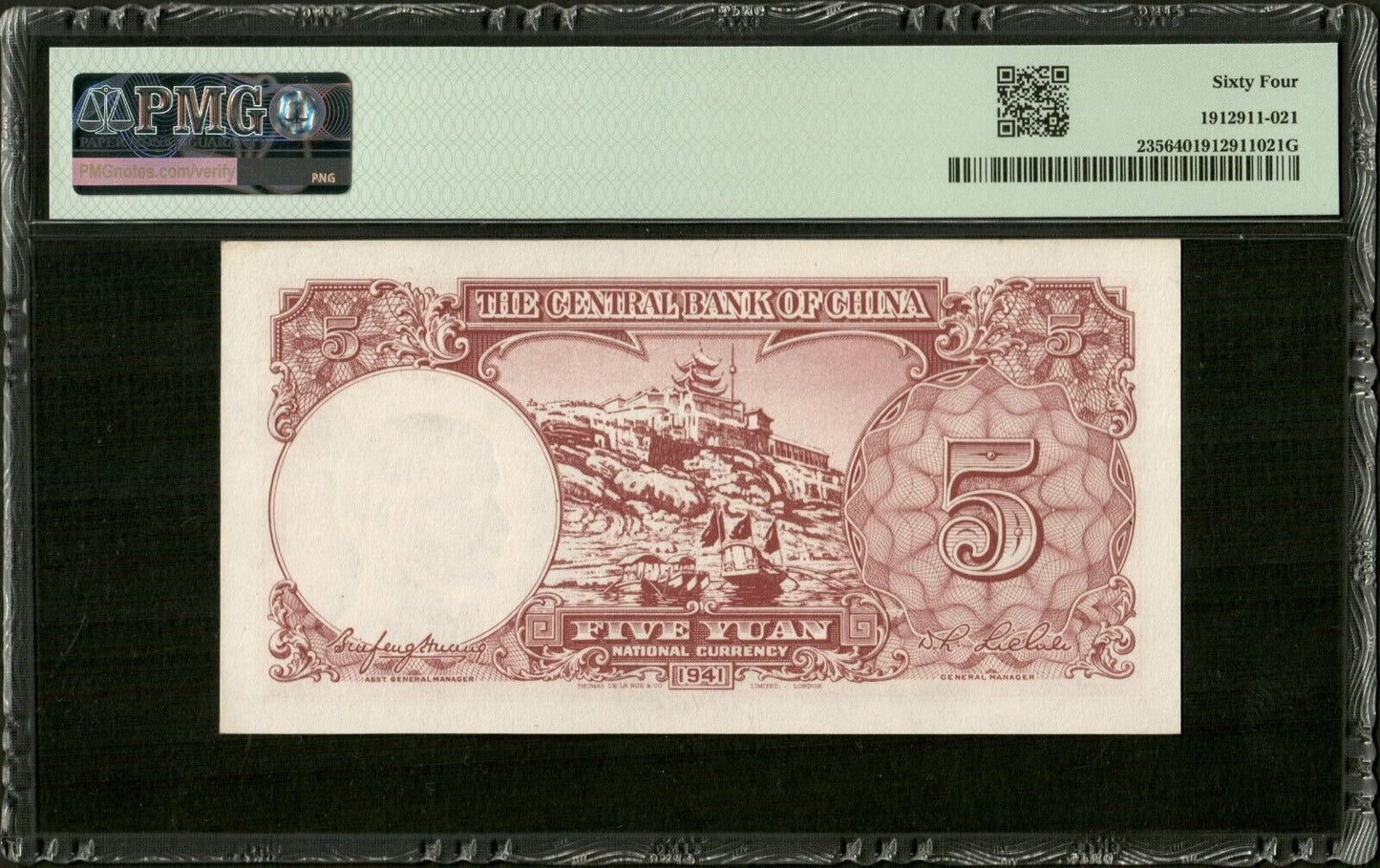 CHINE - Central Bank of China, 5 Yuan 1941 P.235 NEUF/ PMG Choice Unc 64