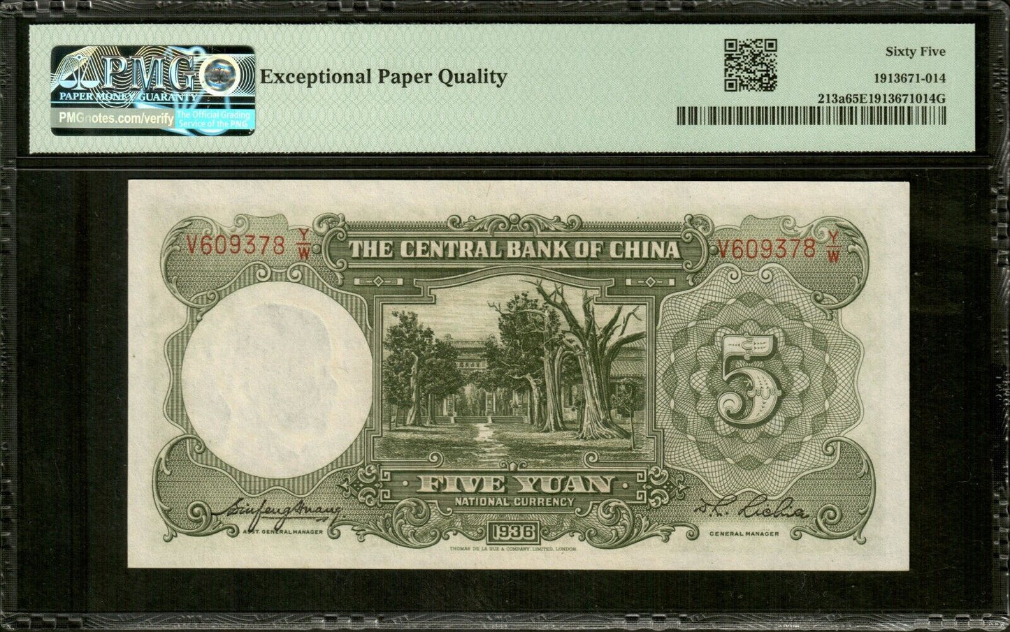 CHINE - Central Bank of China, 5 Yuan 1936 P.213a NEUF / PMG Gem Unc 65 EPQ