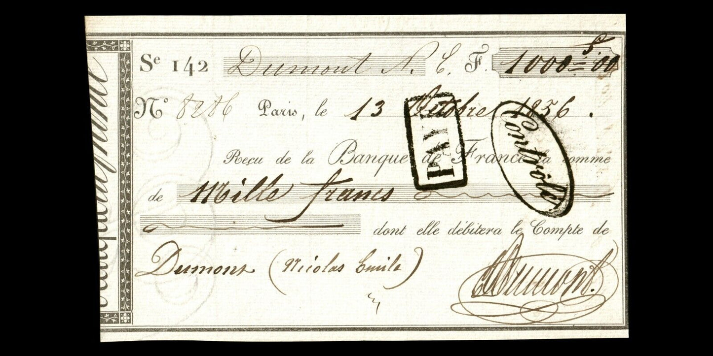 FRANCE - Reçu Banque de France, Dumont, 1000 Francs 1856 SUP / XF