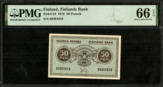 FINLANDE - FINLAND - 50 Penni 1918 P.34 PMG Gem UNC 66 EPQ !! TOP POP !!