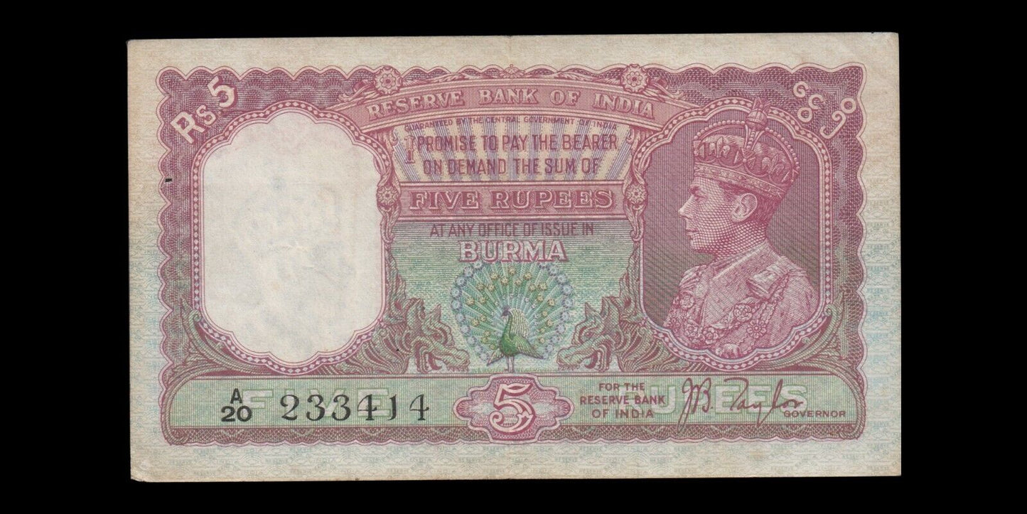 MYANMAR - BURMA - 5 Rupees (1938) P.4 TTB / VF