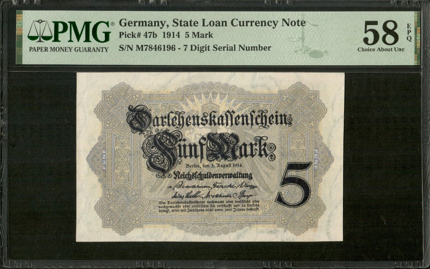 ALLEMAGNE - GERMANY - 5 Mark 1914 P.47b, Ro.48b pr.NEUF / PMG Choice AU 58 EPQ