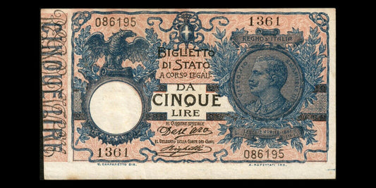 ITALIE - ITALY - 5 Lire 1904 P.23c Dell'Ara & Righetti SUP / XF