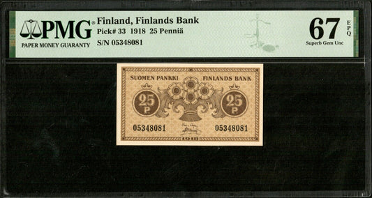 FINLANDE - FINLAND - 25 Pennia 1918 P.33 PMG Superb Gem UNC 67 EPQ !! TOP POP !!