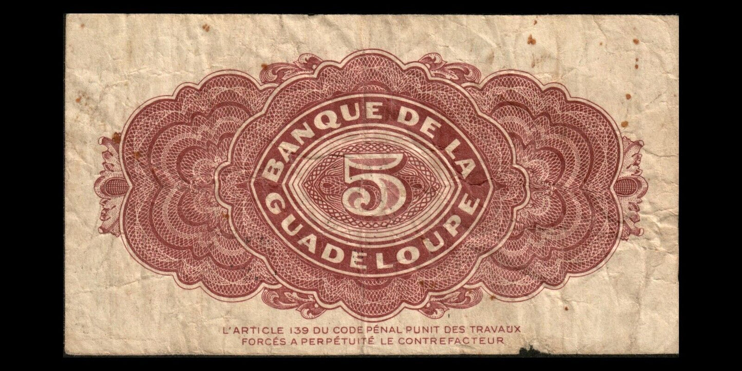 GUADELOUPE - 5 Francs Christophe Colomb (1942) P.21b TB / Fine