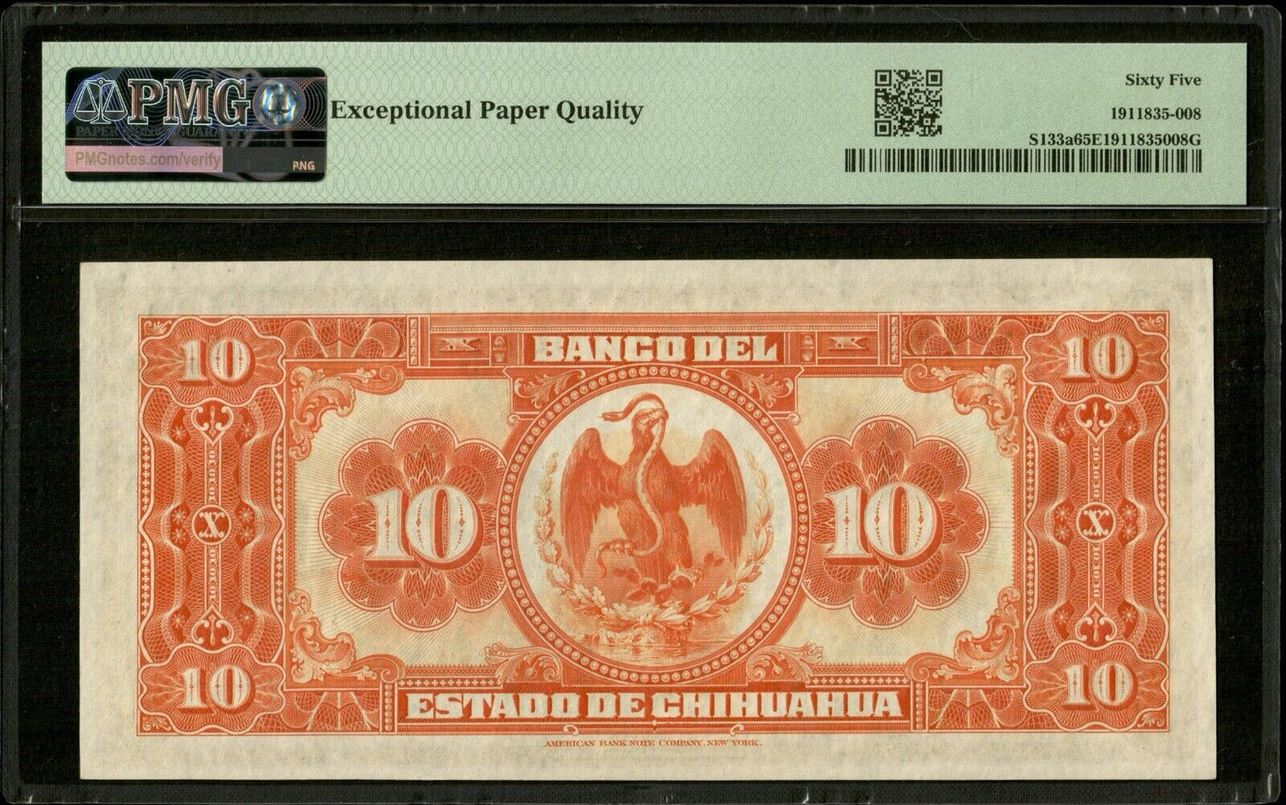 MEXIQUE - MEXICO - 10 Pesos (1913) Chihuahua P.S133a NEUF / PMG Gem Unc 65 EPQ