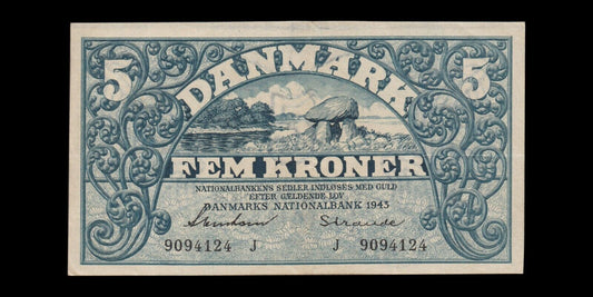 DANEMARK - DENMARK - 5 Kroner 1943 P.30i Sieg 102 pr.SUP / XF-