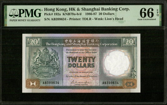 HONG KONG - 20 Dollars 1986 P.192a NEUF / PMG Gem Unc 66 EPQ