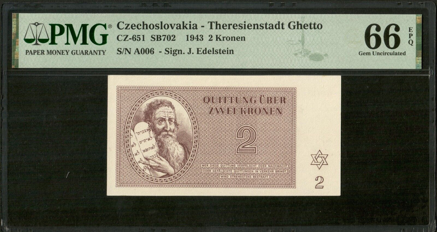 CZECHOSLOVAKIA - Theresienstadt Ghetto - 2 Kronen 1943 CZ-651 NEUF / PMG 66 EPQ