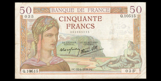 FRANCE - 50 Francs Cérès 1939 F.18.27, P.85b TB / Fine