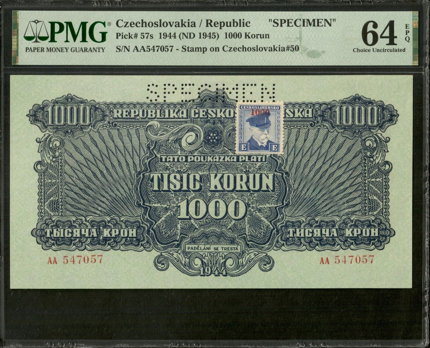 CZECHOSLOVAKIA - 1000 Korun Specimen 1944 P.57s NEUF / PMG Choice Unc 64 EPQ
