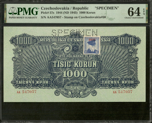 CZECHOSLOVAKIA - 1000 Korun Specimen 1944 P.57s NEUF / PMG Choice Unc 64 EPQ