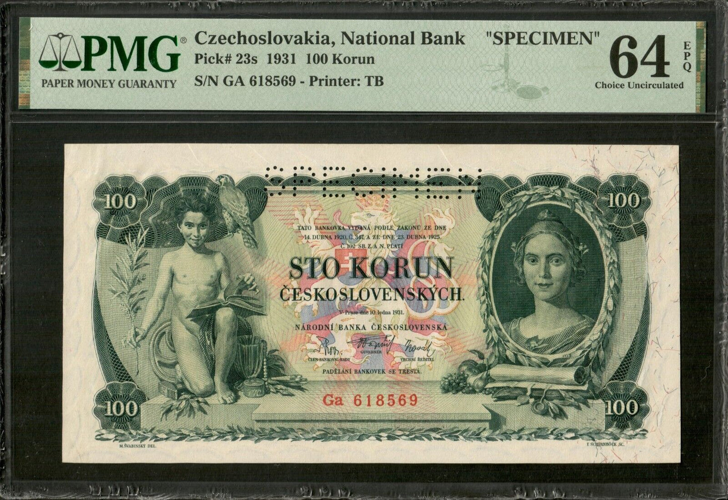 CZECHOSLOVAKIA - 100 Korun Specimen 1931 P.23s NEUF / PMG Choice Unc 64 EPQ