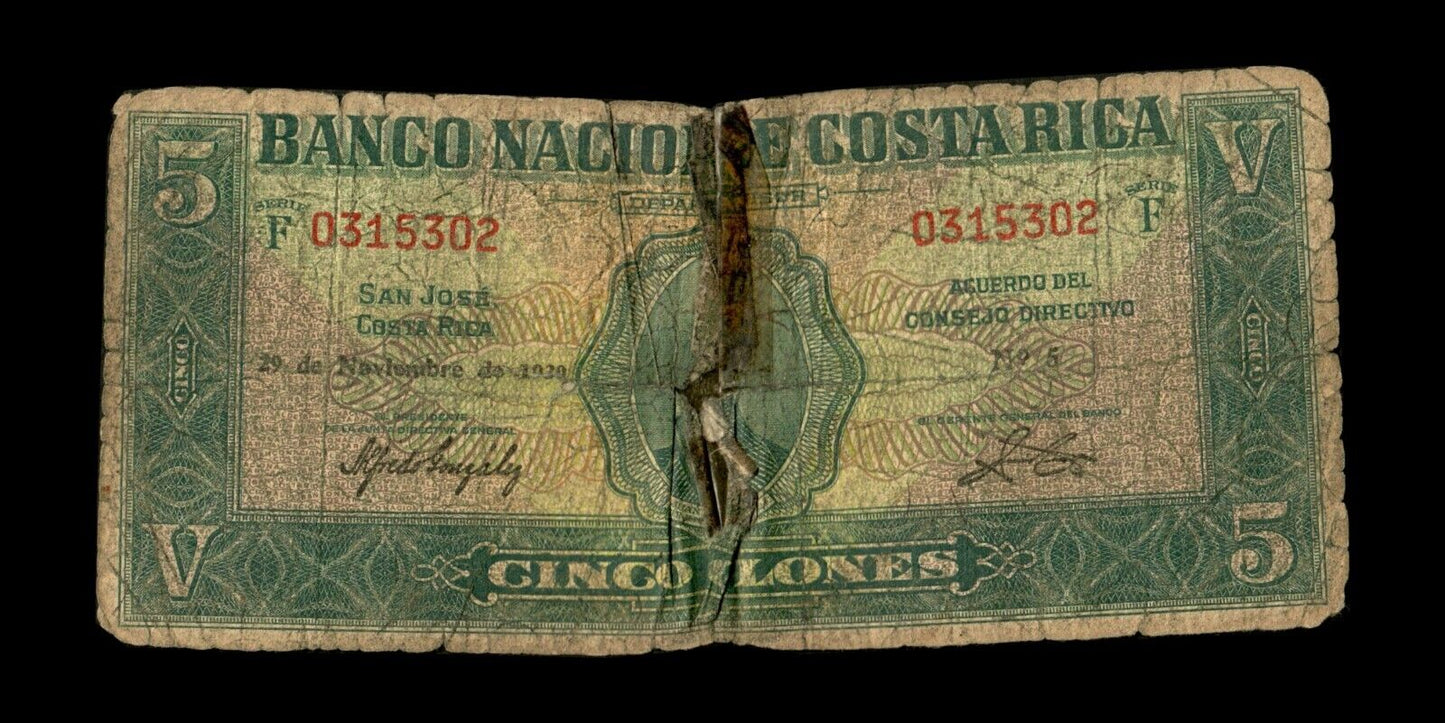 COSTA RICA - 5 Colones 1939 P.204 AB / Poor